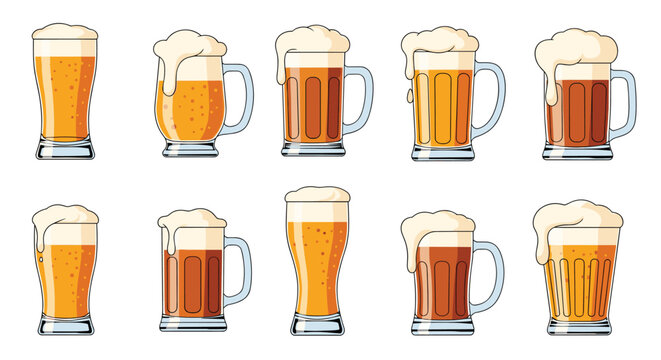 Large collection of diverse beer mugs and glasses filled with different types of ale and lager with thick white foam.