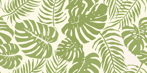 Overlapping tropical leaves pattern botanical illustration in muted green tones on a white background © Pabitra