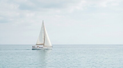 Fototapeta premium Minimal Sailboat on Calm Blue Horizon for Coastal Travel Background Photo