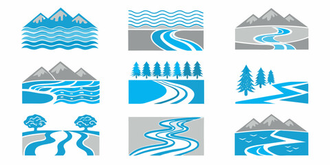 stylized river icons with mountains and water set of nine vector illustrations high quality professional © Pabitra