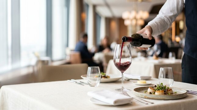 Waiter Pouring Wine Beside Plated Meal for Luxury Restaurant Dining Photo