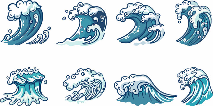 Hand drawn wave illustrations set stylized ocean waves with foam on white background high quality