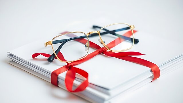 Gold-rimmed eyeglasses resting on a dossier tied with a red ribbon.