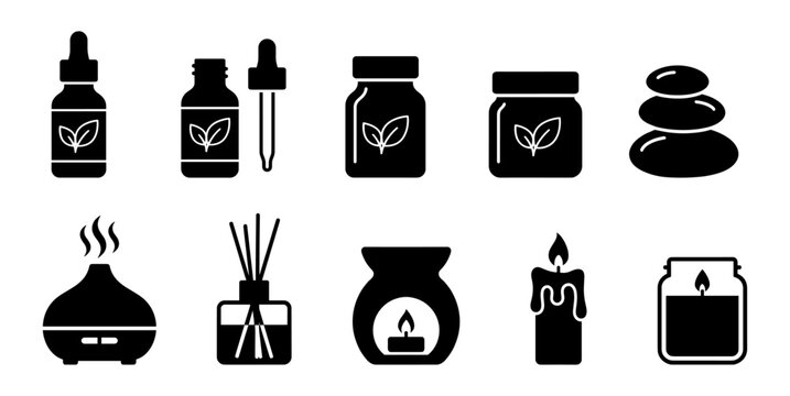 Aromatherapy wellness icon set oil bottle diffuser candle silhouette