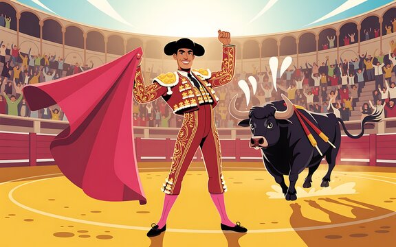 Traditional Spanish bullfight matador holding red cape arena background illustration