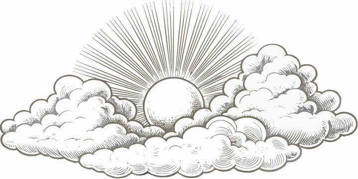 Hand drawn sun bursting through clouds vintage style engraving on white background high quality professional