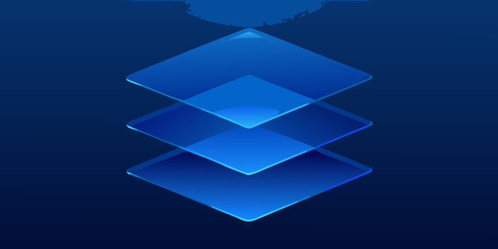 Stacked semi transparent squares with glowing light abstract 3d render on dark blue background