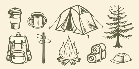 Camping equipment collection hand drawn sketch style with tent backpack and campfire high quality professional © Pabitra
