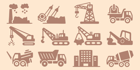 Construction equipment icons set including cranes excavators dump trucks and demolition scenes high quality professional © Pabitra