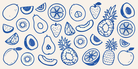 Obraz premium Collection of hand drawn blue line art fruits including pineapple avocado strawberry and kiwi