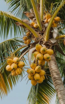 Tropical Palm Tree Yellow Coconut Clusters Blue Sky Background photo