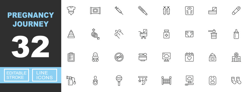 Pregnancy journey line icon set. Vector pictograms of bodysuit, syringe, thermometer, scale, pyramid, sperm, stroller, vitamin, diaper, bottle, clipboard, ultrasound, crib, rattle. Editable stroke.