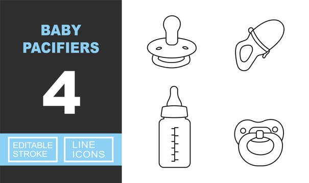 Baby Pacifiers line icon set. Vector pictograms of dummy, feeder, bottle, pacifier. Editable stroke.