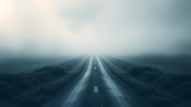 A conceptual image of a single path dividing into two roads in a misty landscape, symbolizing life choices and uncertainty.