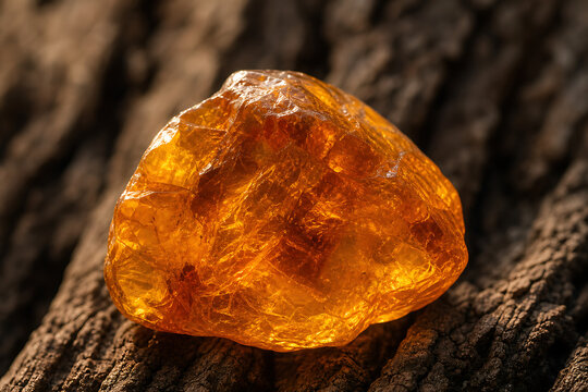 Raw Amber Piece in Environment on Tree Bark Representing Ancient Forests