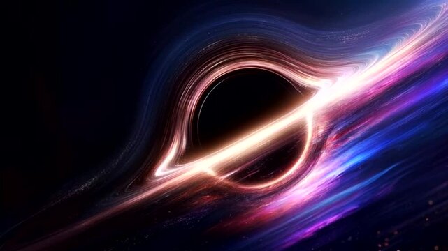 A brightly shining accretion disk with contrasting gold and purple colors is visible, surrounding a mysterious dark center.