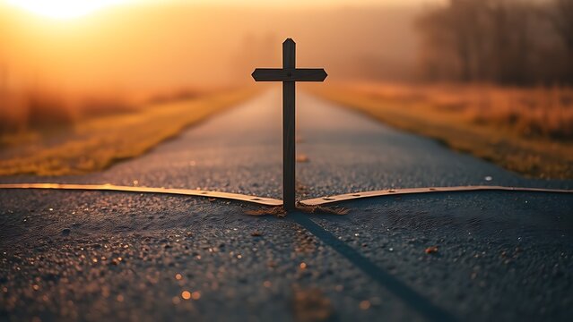 A symbolic crossroads splitting into two paths, bathed in soft golden hour light with a minimalist aesthetic.