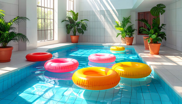 Indoor Swimming Pool with Colorful Inflatable Rings and Lush Green Plants.