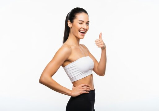 Young woman winks and gives a thumbs up gesture against a white background.