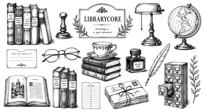 Librarycore set with book globe lamp inkwell in vintage engraving