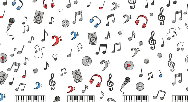 Doodle Music Notes, Instruments, and Audio Icons Pattern Background