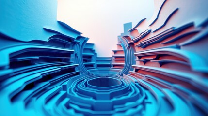 Fototapeta premium Abstract tunnel structure. Blue, red hues dominate. Concentric rings draw eye toward center. Modern digital rendering.