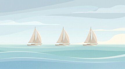 Naklejka premium Minimal Sailboats on Calm Sea Background in Soft Coastal Tones