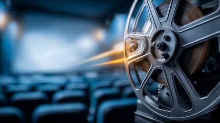 Fototapeta premium Internal Mechanism of Film Projector Showing Reel in Dark Theater