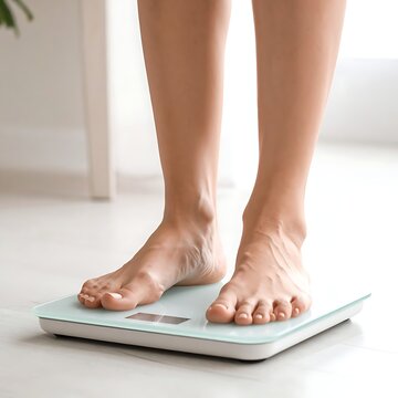 Woman stepping on bathroom scales barefoot.