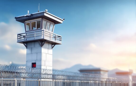 High Guard Tower Overlooking Empty Prison Grounds at Dusk