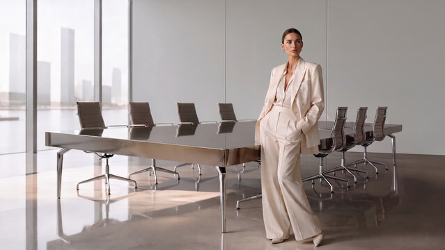 Woman in a cream pantsuit stands beside a sleek conference table in a bright modern office with city views and polished floors Business woman. Executive or CEO.