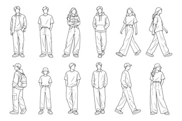 Obraz premium People character set with man and woman walking in thin line