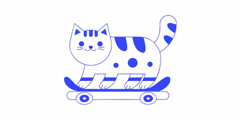 Cat on skateboard playful blue line drawing on white background © Ruhidas