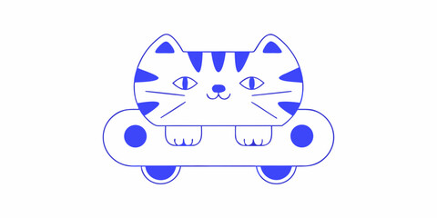 Blue line drawing of a cat riding a skateboard on a white background © Ruhidas