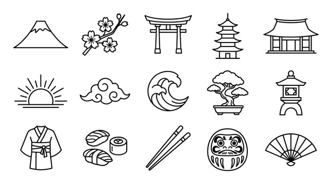 Japan icon set with fuji mountain sakura torii gate and sushi
