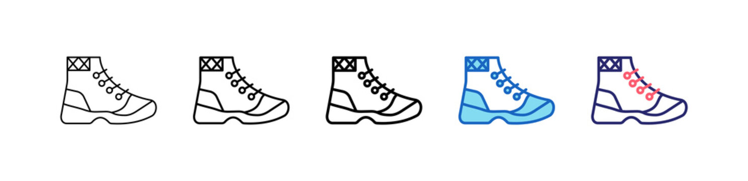 Hiking Boots Icon In 5 Different Styles Set Collection.   