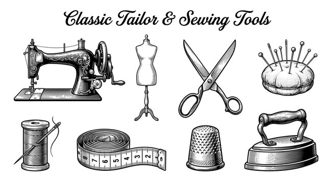 Tailor sewing tool set with sewing machine scissor and mannequin