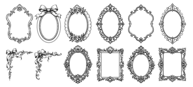Vintage frame set with oval border bow and rose in engraving