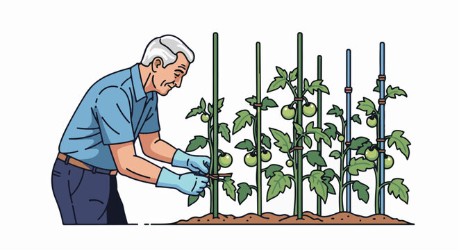 Gardener tying up tomato plants for support
