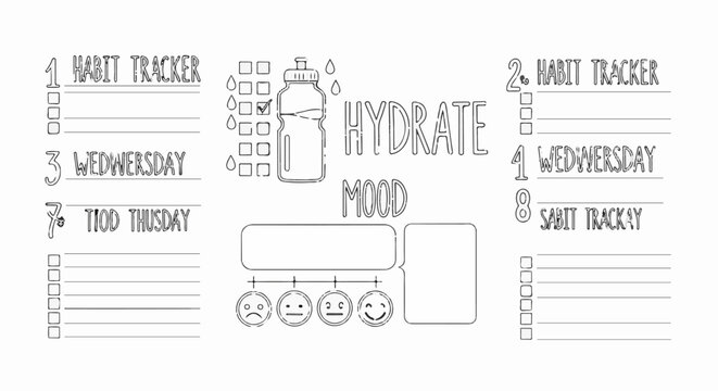 Hand-drawn planner page with habit trackers, water bottle, and mood icons