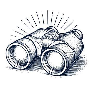 Binoculars in sketch style with rays and shading on white background - Concept of UFO day isolated