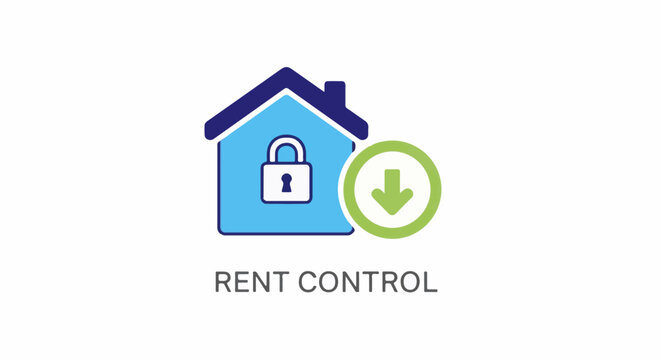 Icon of a house with a lock symbol and a downward arrow for rent control