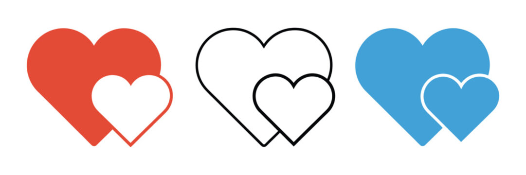 Heart icon set with simple red, blue, and black heart shapes for love concepts.