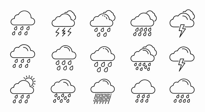 Icons depict various weather conditions like rain and thunderstorms