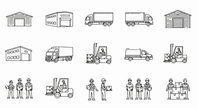 Icons of warehouse buildings, delivery trucks, forklifts, and workers
