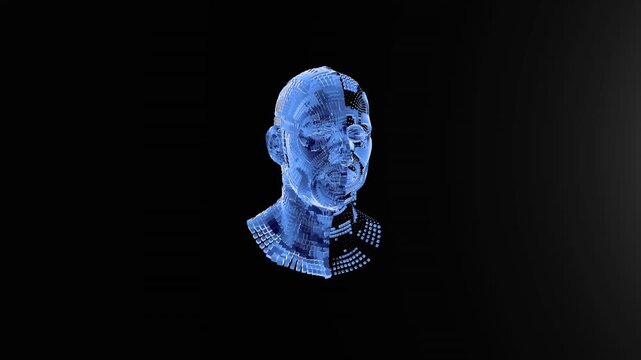 Animated block particles forming human head, illustrating Artificial Intelligence