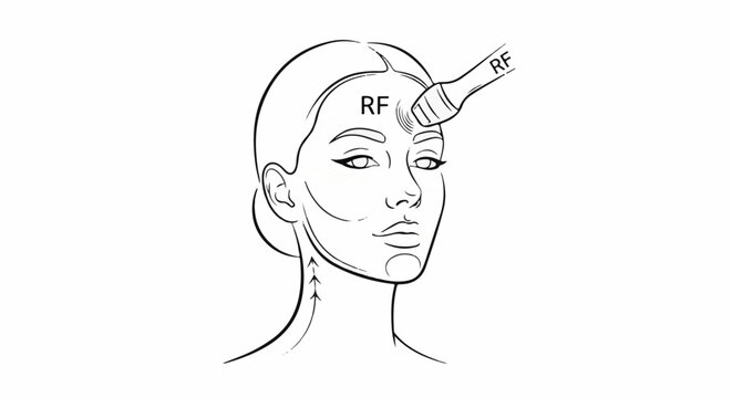 Line art of a face receiving radiofrequency treatment on forehead and neck