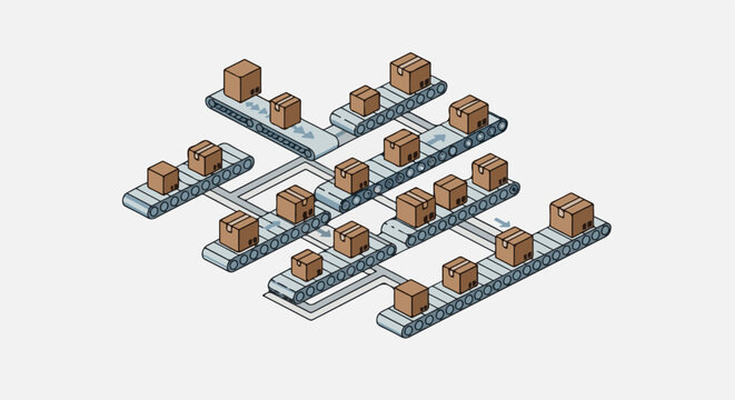 Isometric illustration of cardboard boxes moving on a conveyor belt system