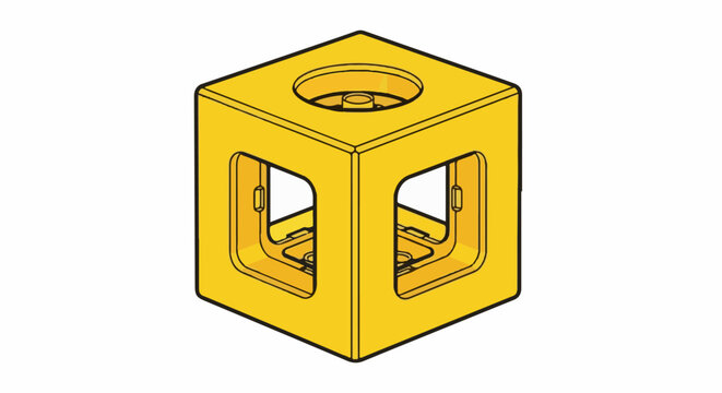 Isometric view of a yellow cube-shaped container corner casting