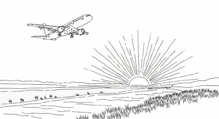 Naklejka premium Line art of an airplane ascending over a sunburst sunrise above hills